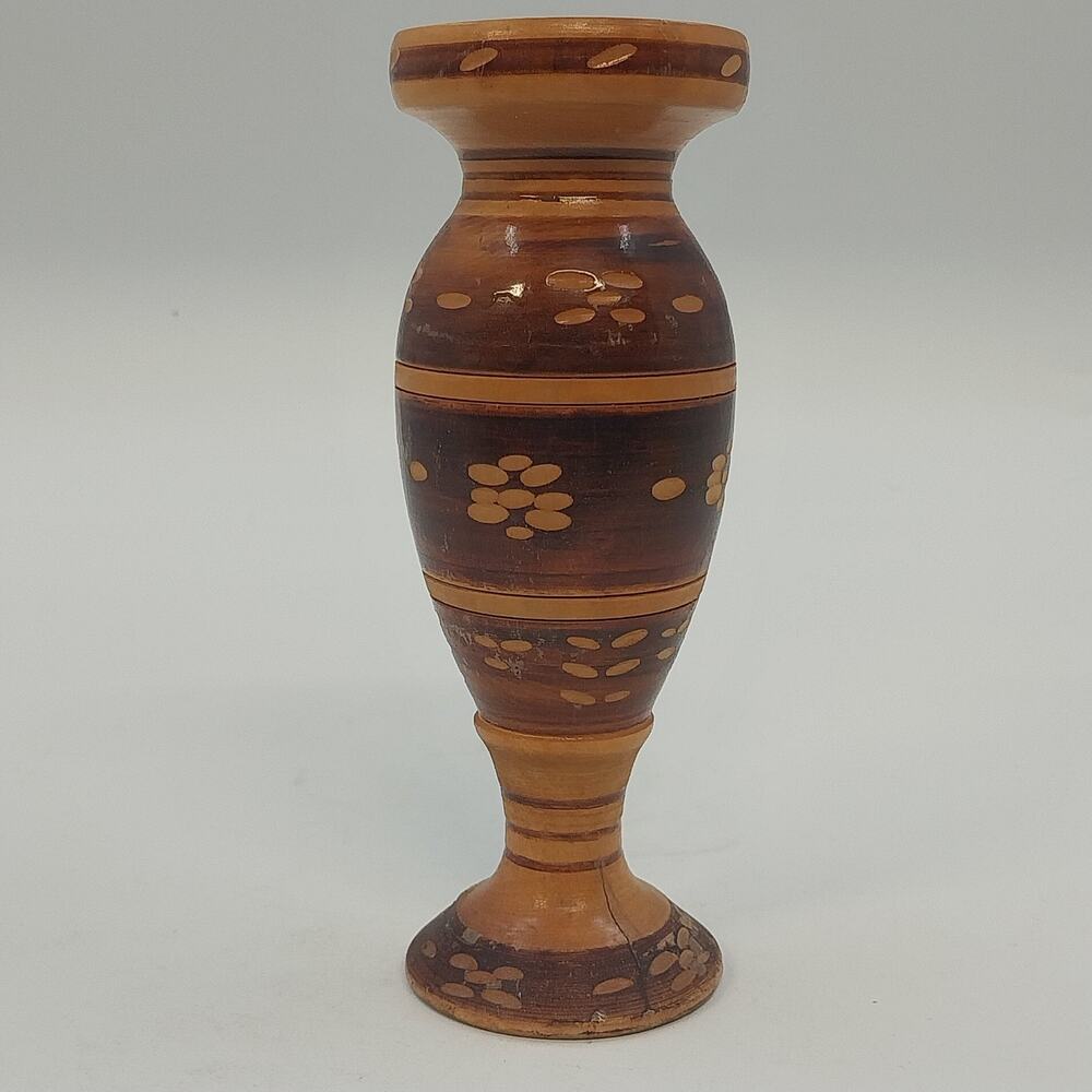 Hand Crafted Wooden Bud Vase Brown Carved Detailed Inlay Folk Art 6.9" Vintage